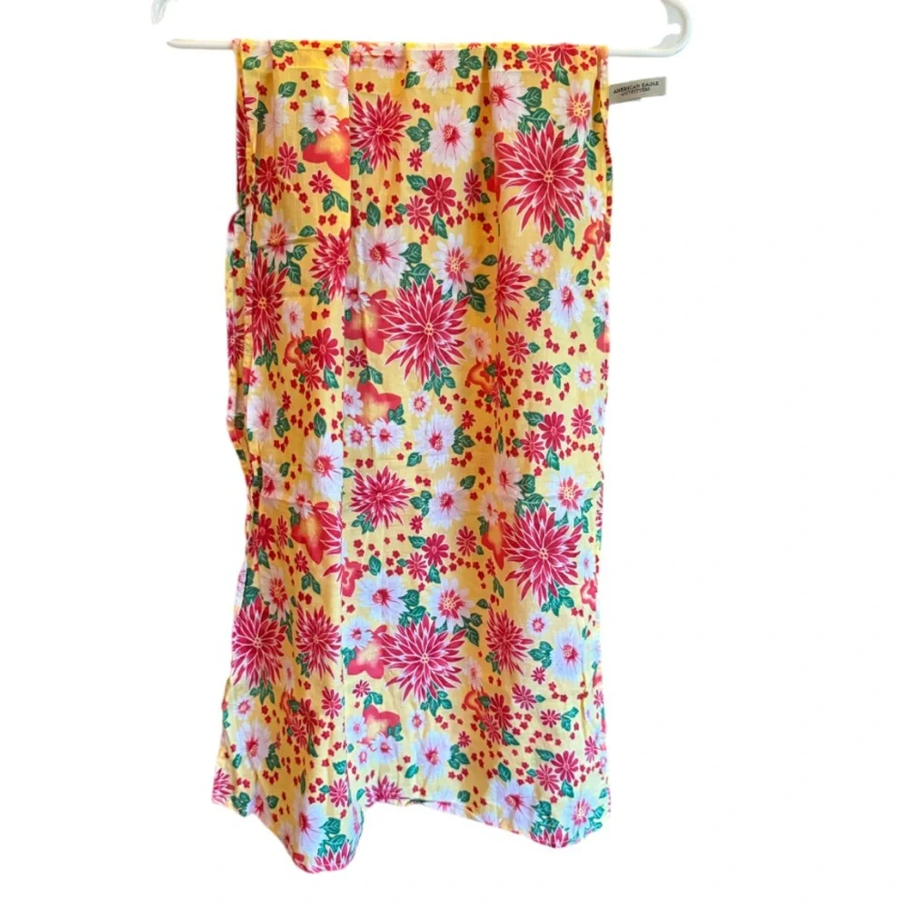 AEO Pink Yellow VTG Bali Floral Print Cotton Swim/Sarong/Wrap HeadScarf ⭐️